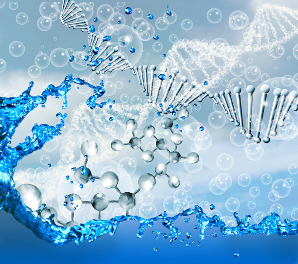 蓝色背景上的分子结构和dna链图像，图片下载