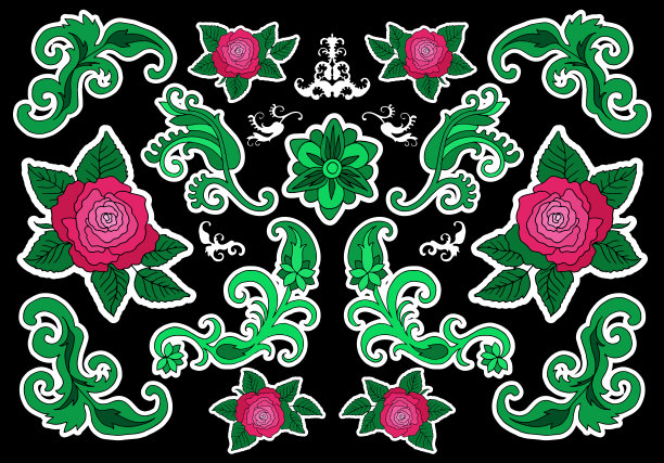 套花补丁元素。印在t恤和其他材料上。套贴纸，别针，补丁和手写笔记收集在卡通。图片下载