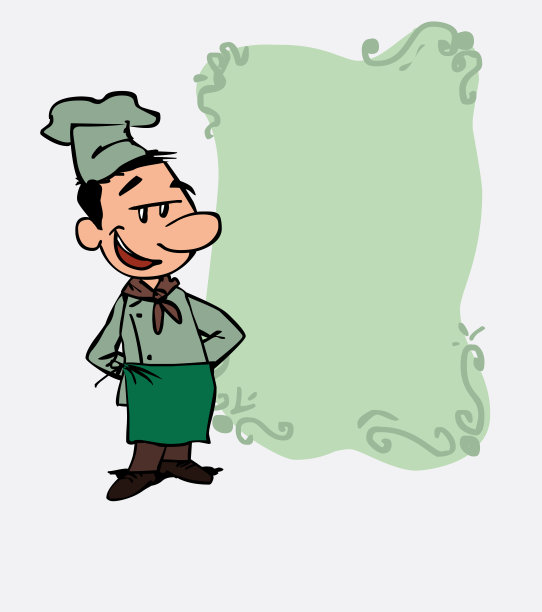 安静和放松的白人厨师。正在展示，就像他在黑板前，你想要的数据。图片下载