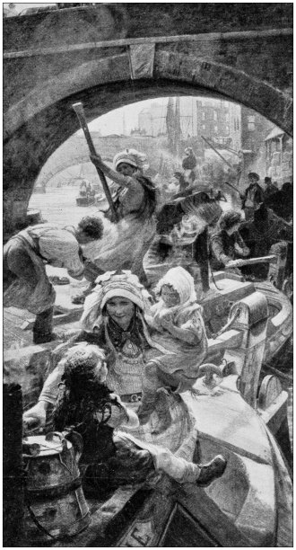 古色古香的绘画照片:桥下的小船上的人图片下载