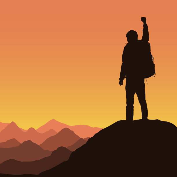 登山者在橙色天空下，站在岩石顶端做出胜利手势的山地景观矢量插画图片下载