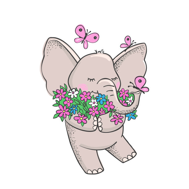 可爱的手画大象与花。图片下载