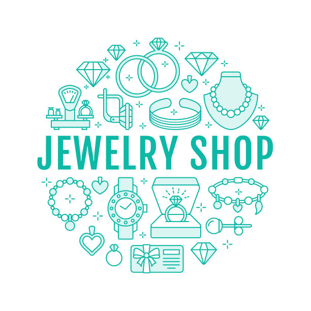 珠宝店，钻石饰品横幅插图。矢量线图标的珠宝-金订婚戒指，宝石耳环，银项链，护身符手镯，钻石。时尚店圈模板图片下载
