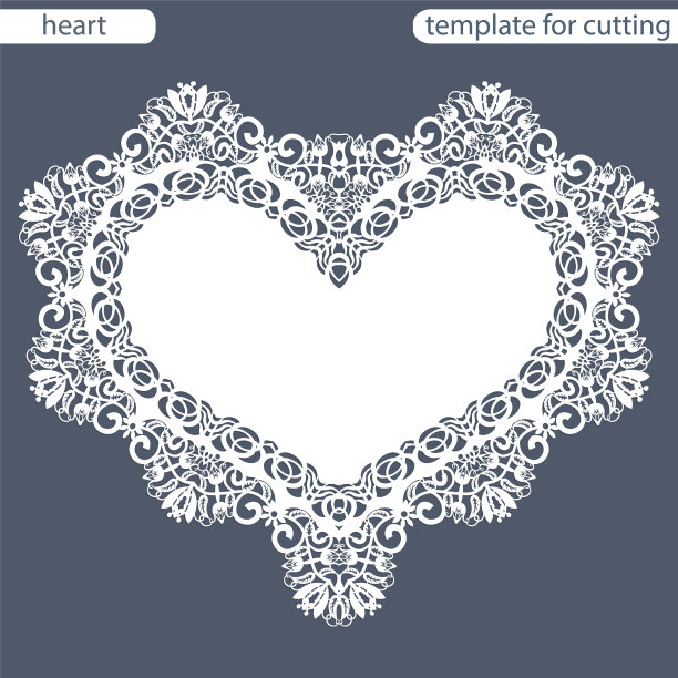 贺卡与镂空的边界，纸垫下的蛋糕，模板切割的形式的心，情人卡，婚礼邀请，装饰板是激光切割，矢量插图。图片下载