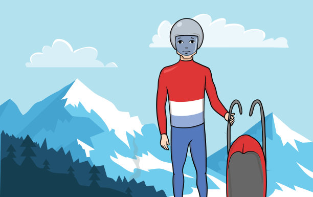 运动员鲁格站在雪橇上，背景是一片山区。冬季运动,雪橇。矢量插图。图片下载