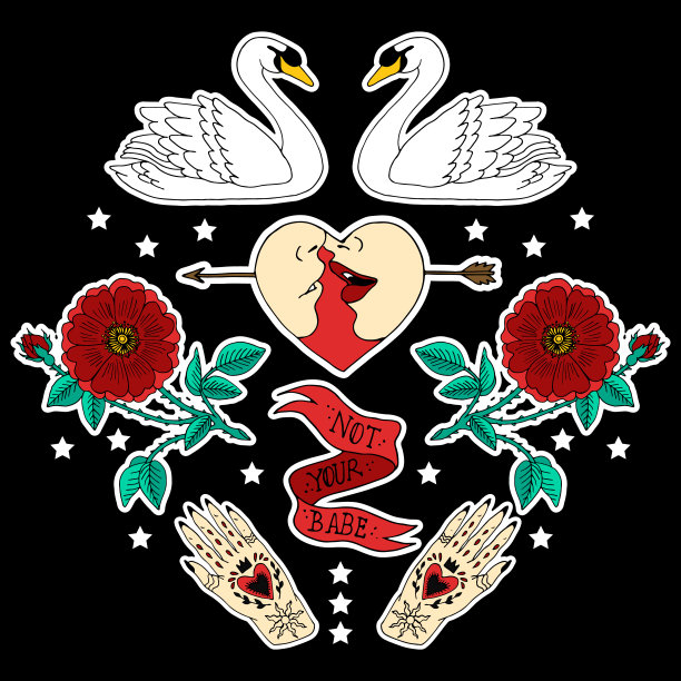 情人节。印在t恤和其他材料上。套贴纸，别针，补丁和手写笔记收集在卡通。矢量图图片下载