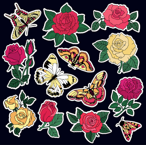 一套玫瑰和蝴蝶补丁元素。一套贴纸，别针，补丁和手写笔记收集在卡通80 -90年代漫画风格。向量stikers工具包图片下载