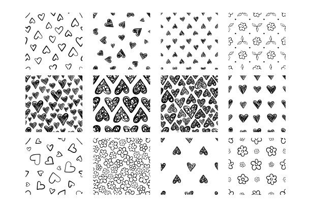 一套手绘无缝图案与心和花。图片下载