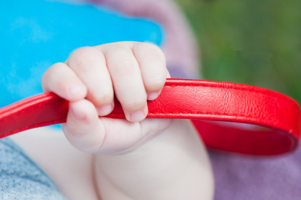 宝宝手握红色皮革提手的包包，选择性聚焦。观念的力量增长。图片下载