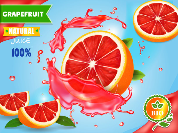 葡萄柚汁广告。逼真的新鲜柑橘类水果广告。图片下载
