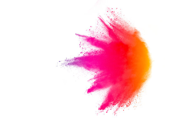 在白色背景上隔离的彩色火药爆炸的冻结运动图片下载