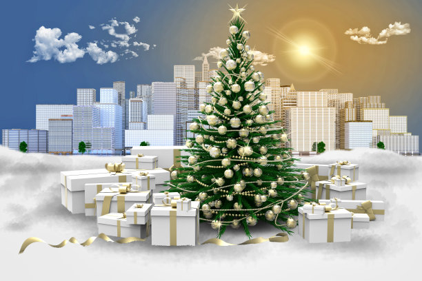 装饰圣诞树和礼物下的雪。城市背景。”N图片下载