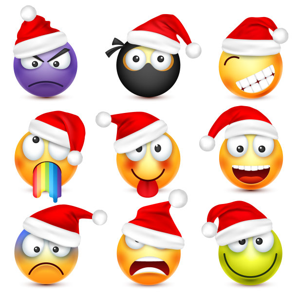 笑脸,表情符号。黄色的脸带着情绪和圣诞帽。新年,圣诞老人。冬季emoji。伤心,高兴,生气的脸。有趣的卡通character.Mood。向量图片下载