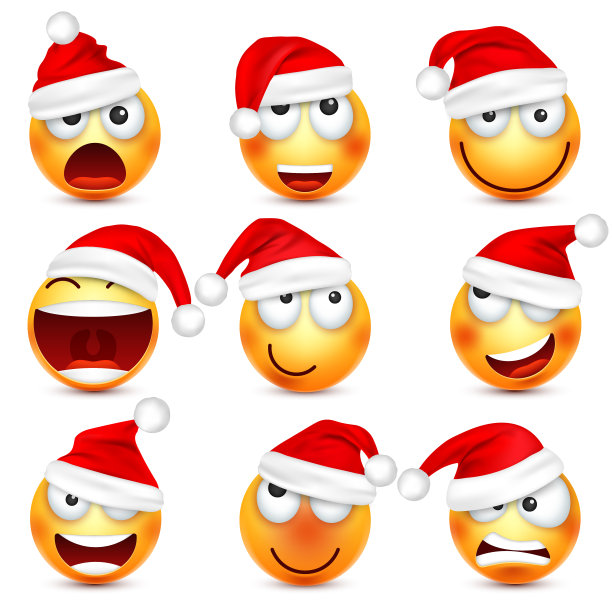 笑脸,表情符号。黄色的脸带着情绪和圣诞帽。新年,圣诞老人。冬季emoji。伤心,高兴,生气的脸。有趣的卡通character.Mood。向量图片下载