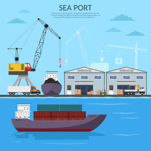 仓库内部的仓储向量集海运交付，车顶和灯具平面插图物流概念出口卡车素材图片
