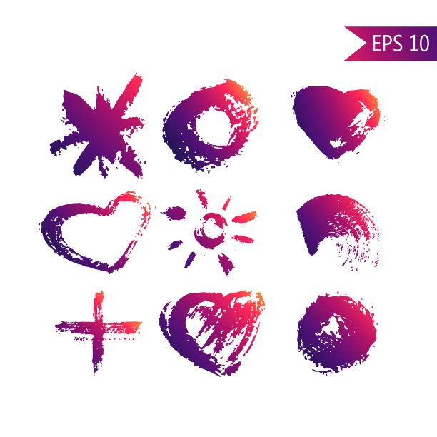 一套空的涂鸦圈，心，太阳，爱，笔画，污点，交叉，条纹。向量的设计元素。毛笔画。脏和画眉山庄。笔触与紫色趋势梯度。乏味的东西。图片下载