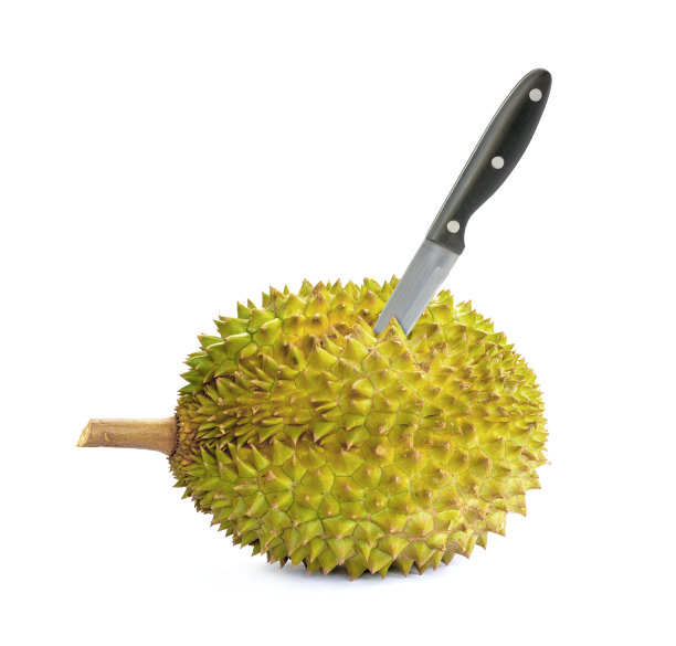 榴莲与刀孤立在白色背景图片下载