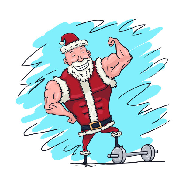 手画肌肉圣诞老人显示二头肌快乐圣诞卡片图片下载