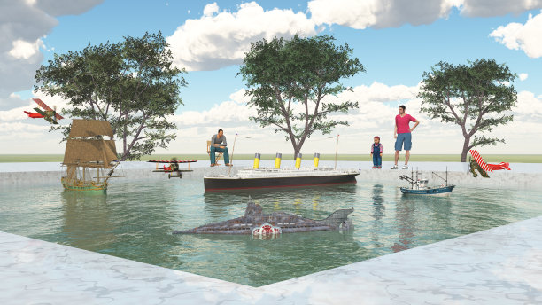 有模型船和游客的游乐园图片下载