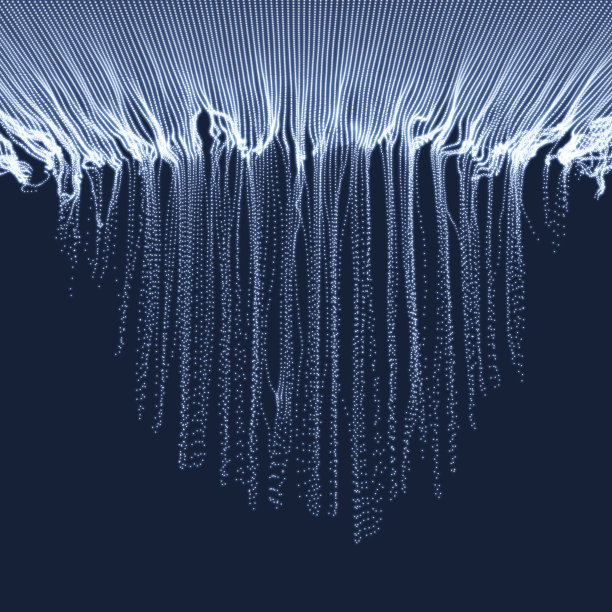 动态发射粒子数组。3D技术风格。一个发光的网格。抽象的背景。矢量插图。素材图片