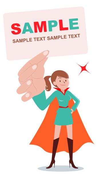 年轻的棕色皮肤的女超人站着，手放在臀部，手里拿着空白的白色卡片图片下载