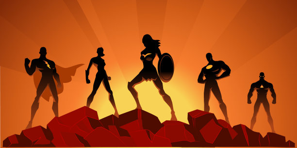 矢量超级英雄团队剪影在岩石上图片下载