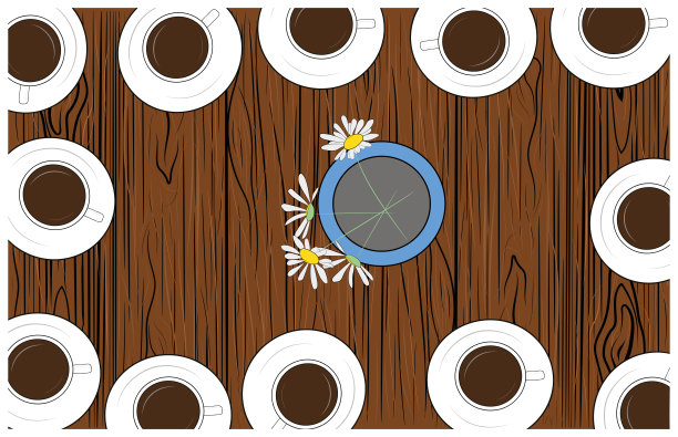 桌上有一杯茶(咖啡)。花瓶里的花。矢量插图。图片下载