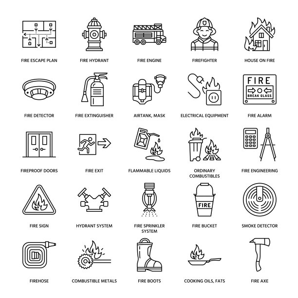 消防、消防安全设备平线图标。消防员，消防车灭火器，烟雾探测器，房子，危险标志，消防软管。防焰薄线形象形图素材图片