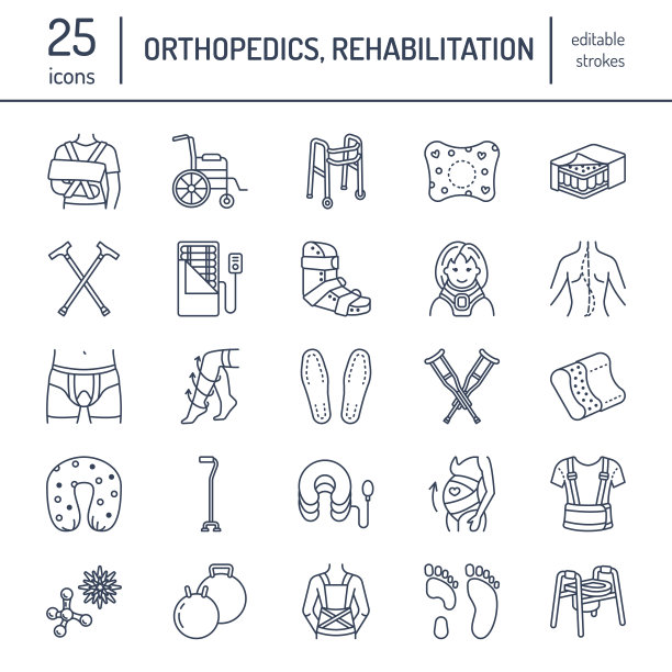 骨科，创伤康复线图标。拐杖、矫形床垫枕、颈圈、步行者等医疗康复用品。保健薄线形标志为门诊和医院图片下载