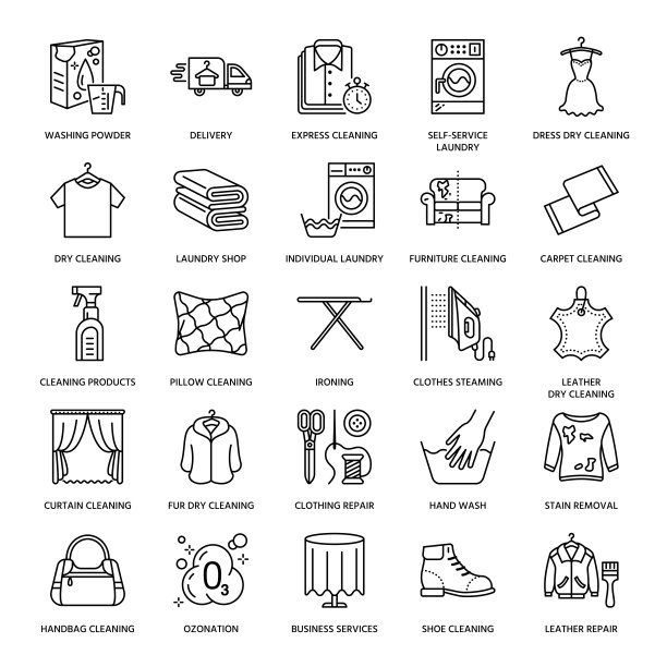 干洗，洗衣店的图标。洗衣房服务设备，洗衣机，衣服鞋和皮革修理，衣服熨烫和蒸。水洗薄线形自助洗衣标志图片下载