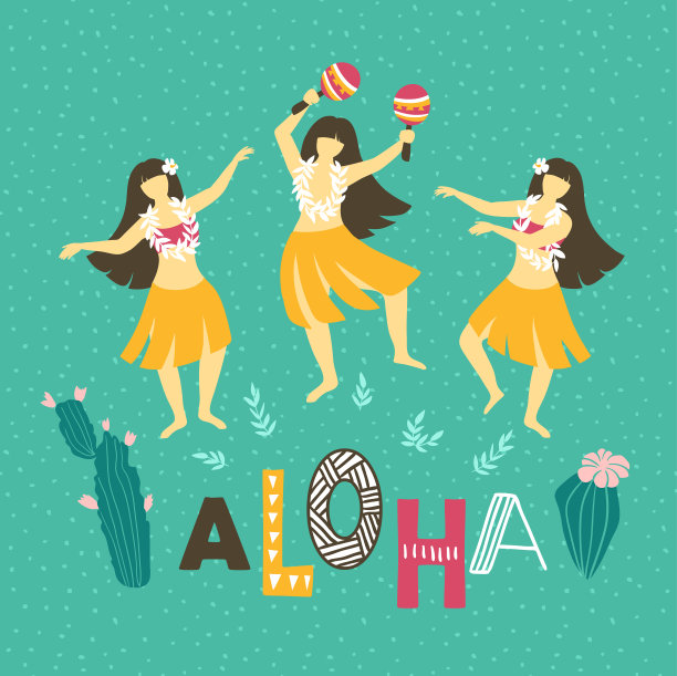 夏威夷矢量插图。夏季背景与跳舞女孩和字母-阿罗哈。明亮的民族设计。图片下载
