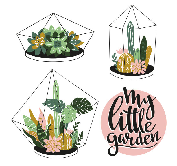 手绘包含热带室内植物。斯堪的纳维亚风格插画，现代优雅的家居装饰。带水晶球和时尚字体的矢量打印设计-我的小花园。图片下载