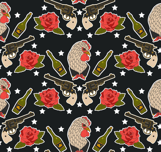 无缝的西方模式。套贴纸，别针，补丁和手写笔记收集在卡通。母鸡，枪，瓶子和玫瑰。矢量图图片下载
