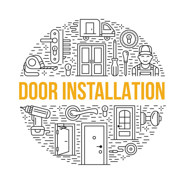 门安装、维修横幅插图。各种类型门的矢量线图标，门把手，插销，锁，铰链。圆形模板与细线形标识用于室内设计店铺、勤杂工服务图片下载