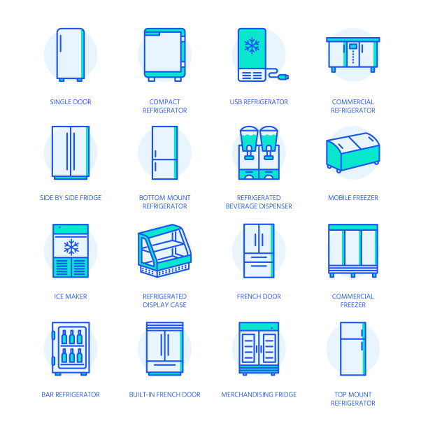 冰箱的平面线条图标。冰箱种类，冰柜，酒冷藏箱，商用主要电器，冷藏展示柜。细线形彩色家居用品店标志素材图片