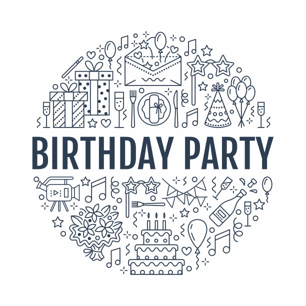 活动代理，带矢量线图标的生日宴会横幅，生日蛋糕，气球装饰，鲜花递送，邀请卡，娱乐。细线形标识组织服务素材图片