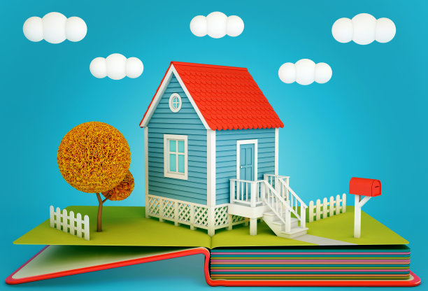 弹出的书，郊区的房子和树。秋天的时间图片下载