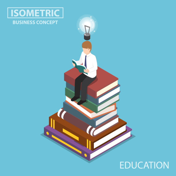 等距商人阅读在顶部的书堆。图片下载