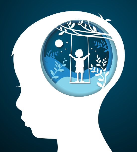 纸艺术雕刻给孩子们在操场上的树枝上在公园里的孩子的头，折纸概念自然的想法图片下载