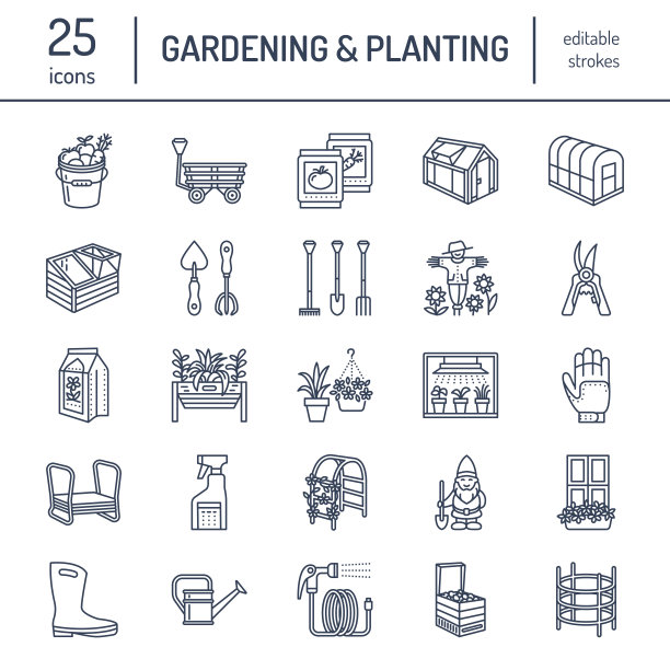 园艺、种植和园艺线条图标。园艺设备、有机种子、肥料、温室、修枝器、喷壶等工具。蔬菜、花卉栽培线形标志图片下载