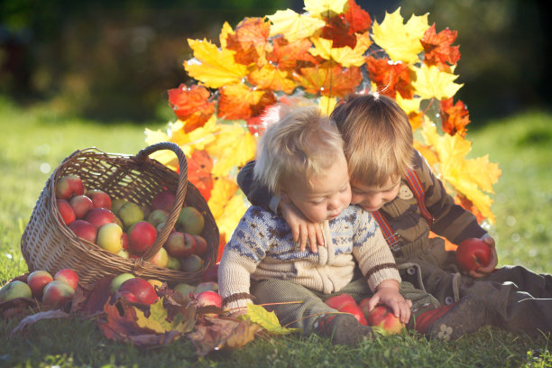 在一个阳光明媚的秋日，两兄弟在一个装着苹果的篮子附近拥抱图片下载