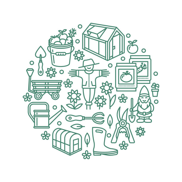 园艺，种植，园艺旗帜与矢量线图标。园艺设备、温室、稻草人、修枝器、喷壶等工具。蔬菜、花卉种植海报为有机农场图片下载