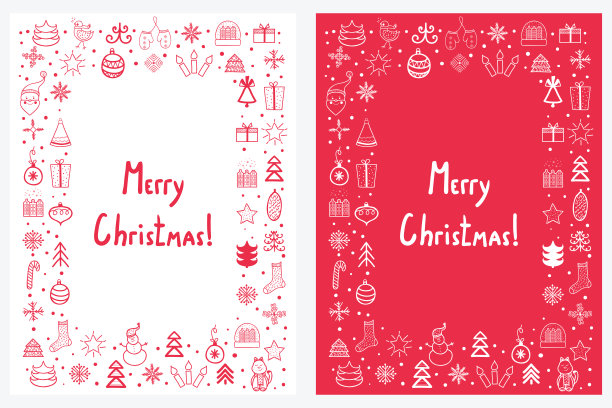 预先制作的手绘圣诞和新年贺卡与冬季假日符号和字符图片下载