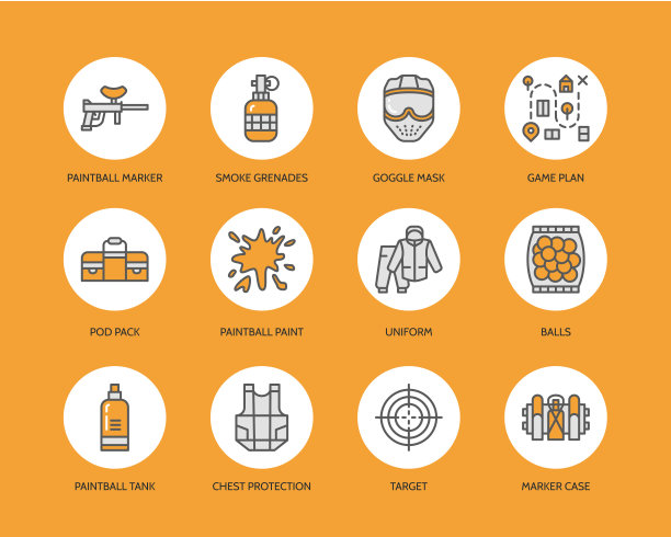 彩弹游戏线图标。户外运动器材、彩球记号笔、制服、口罩、胸衣。极致休闲细线形标志图片下载