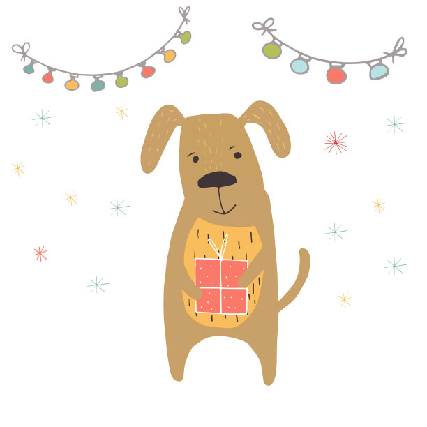 圣诞快乐可爱的贺卡与花环，狗和礼物图片下载