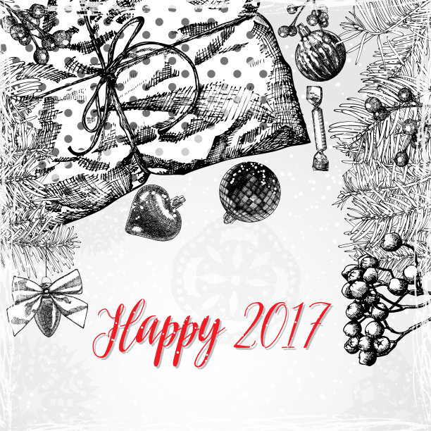 快乐2017年，新年和节日插图与字母手绘庆祝背景。图片下载