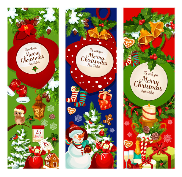 圣诞树和冬青花环的问候横幅图片下载