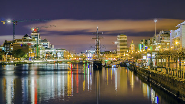爱尔兰都柏林，塞缪尔·贝克特桥到珍妮·约翰斯顿高船的夜景，背景是利菲河上的肖恩·奥凯西桥。图片下载