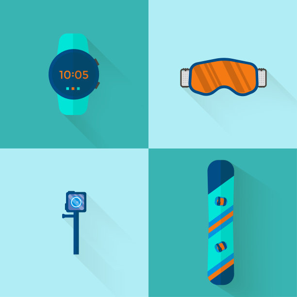 冬季运动图标系列。滑雪和单板滑雪成套设备在平面风格的设计图片下载