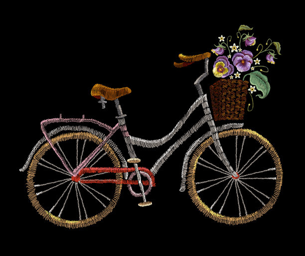 用花篮刺绣自行车。时尚的白底绣花自行车，春天的艺术，浪漫的衣服模板，t恤设计图片下载